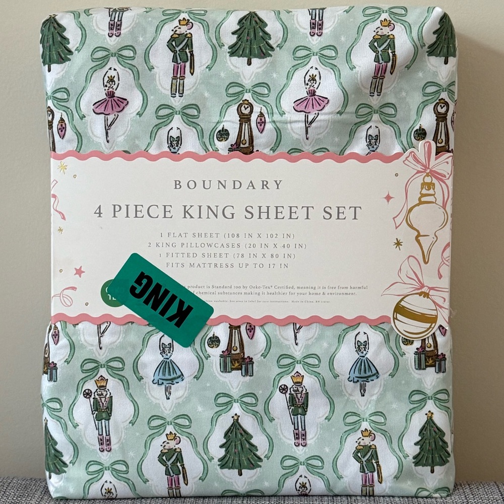 Boundary Nutcracker Ballet Holiday Printed King Sheet Set Mint Green New